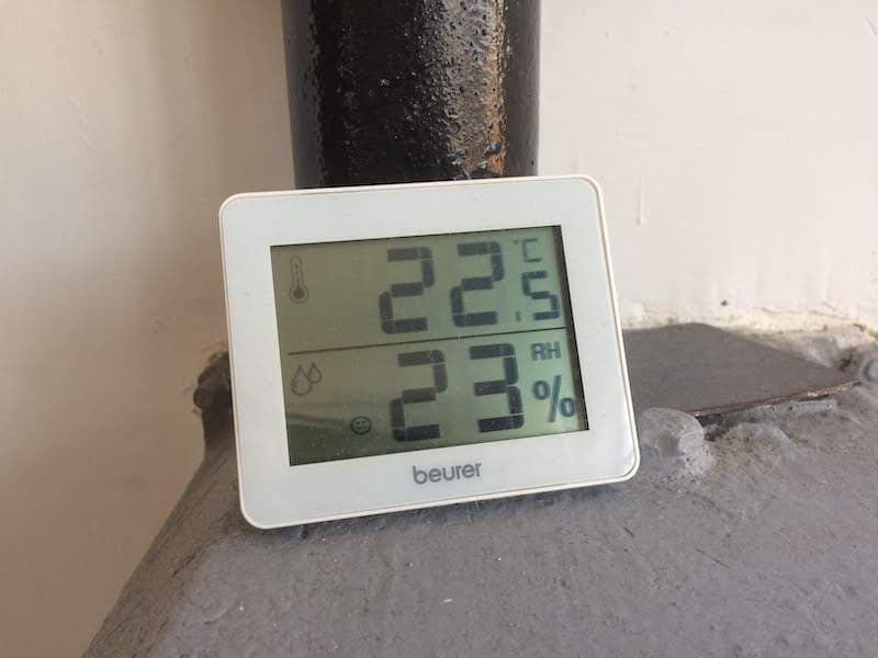 A hygrometer showing a low humidity in a house